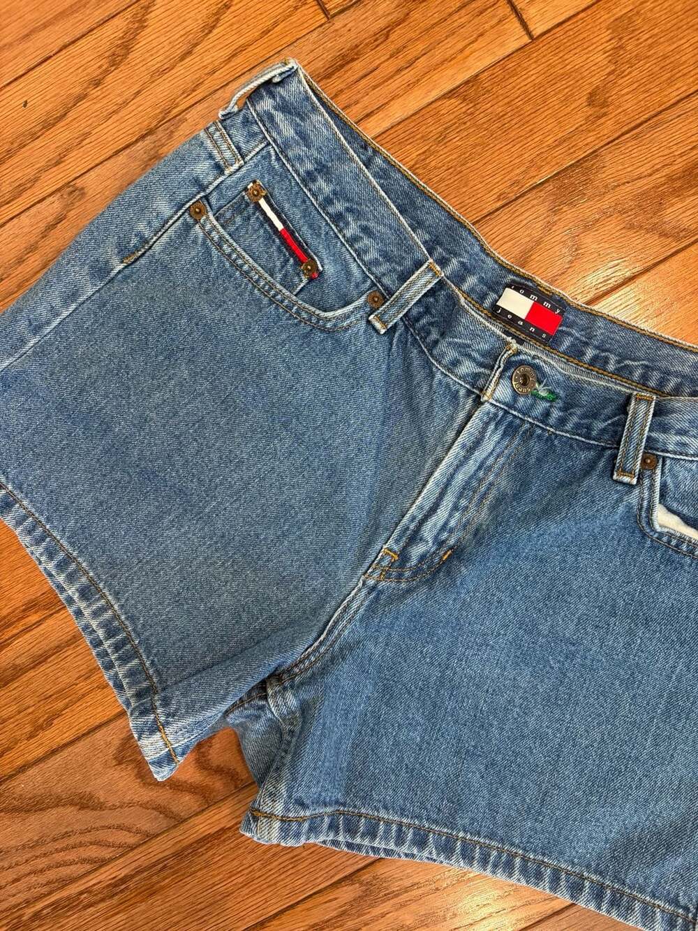 Vintage 90s Tommy Jeans High Waisted Denim Shorts with Flag Logo Patch